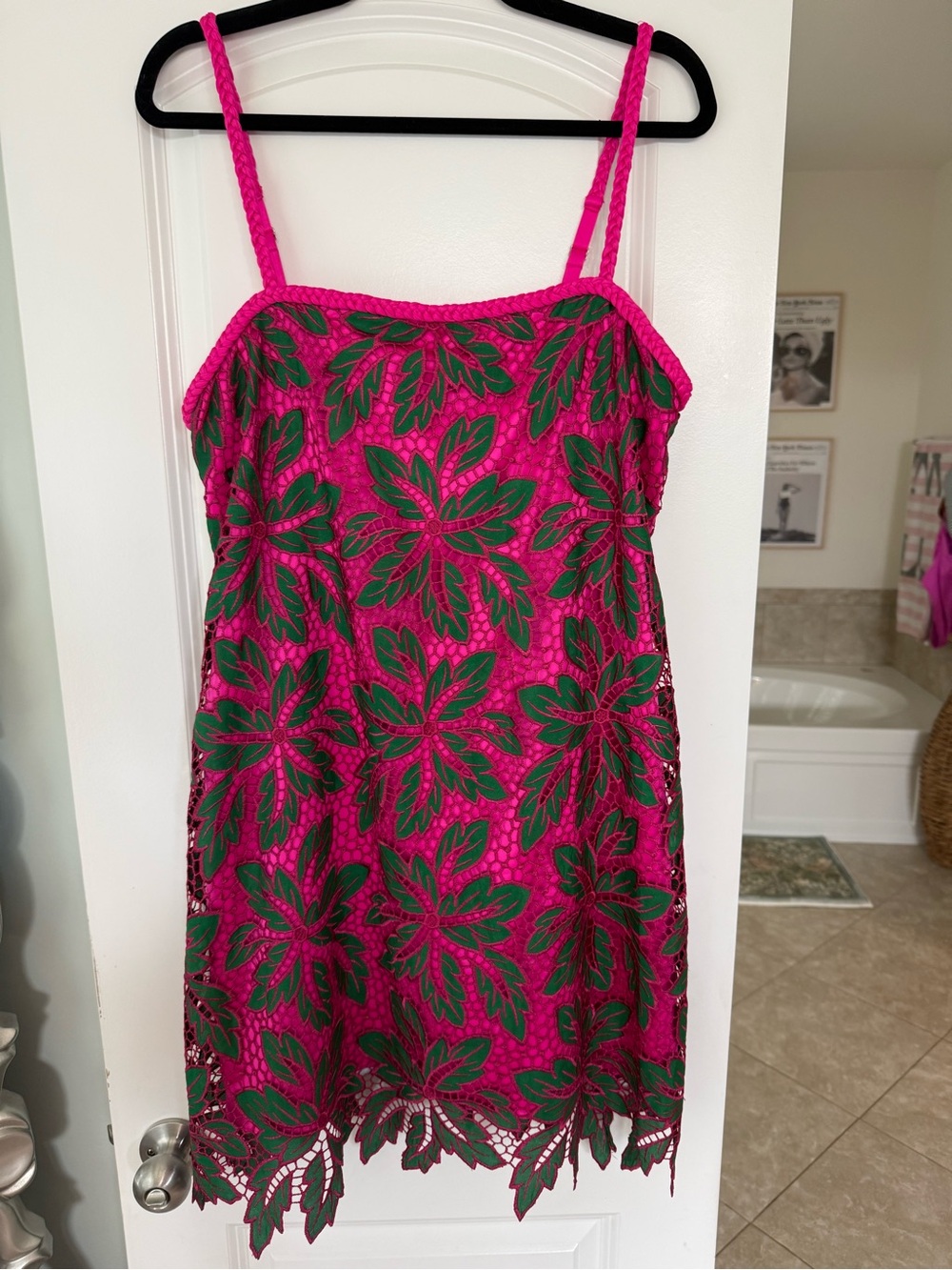 Alex Marie Floral Lace Overlay Cocktail Dress | Size 12P | Hot Pink & Green